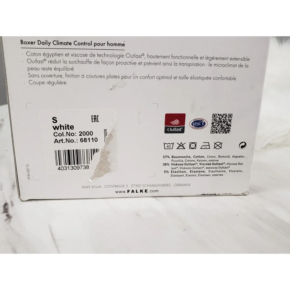 NEW DAMAGED BOX Falke 68110 Outlast Daily Climate Control Boxer Brief WHITE